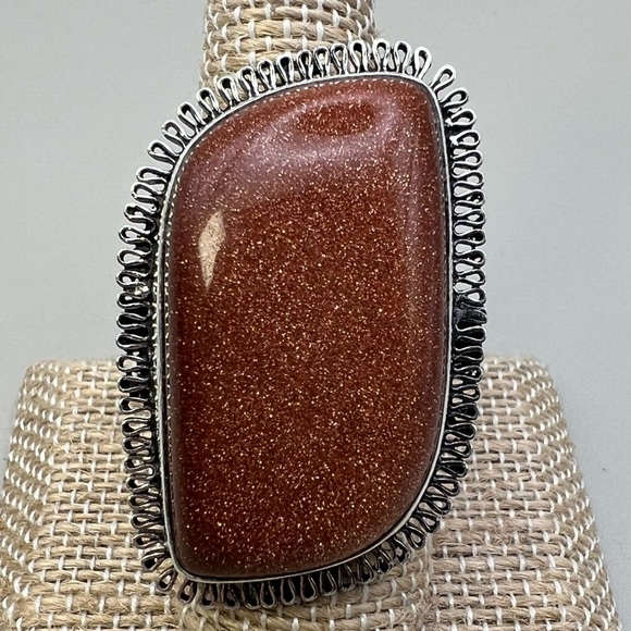 New Large Sandstone Goldstone Stone Sterling Silver Overlay Ring Size 8.75 - Picture 1 of 8